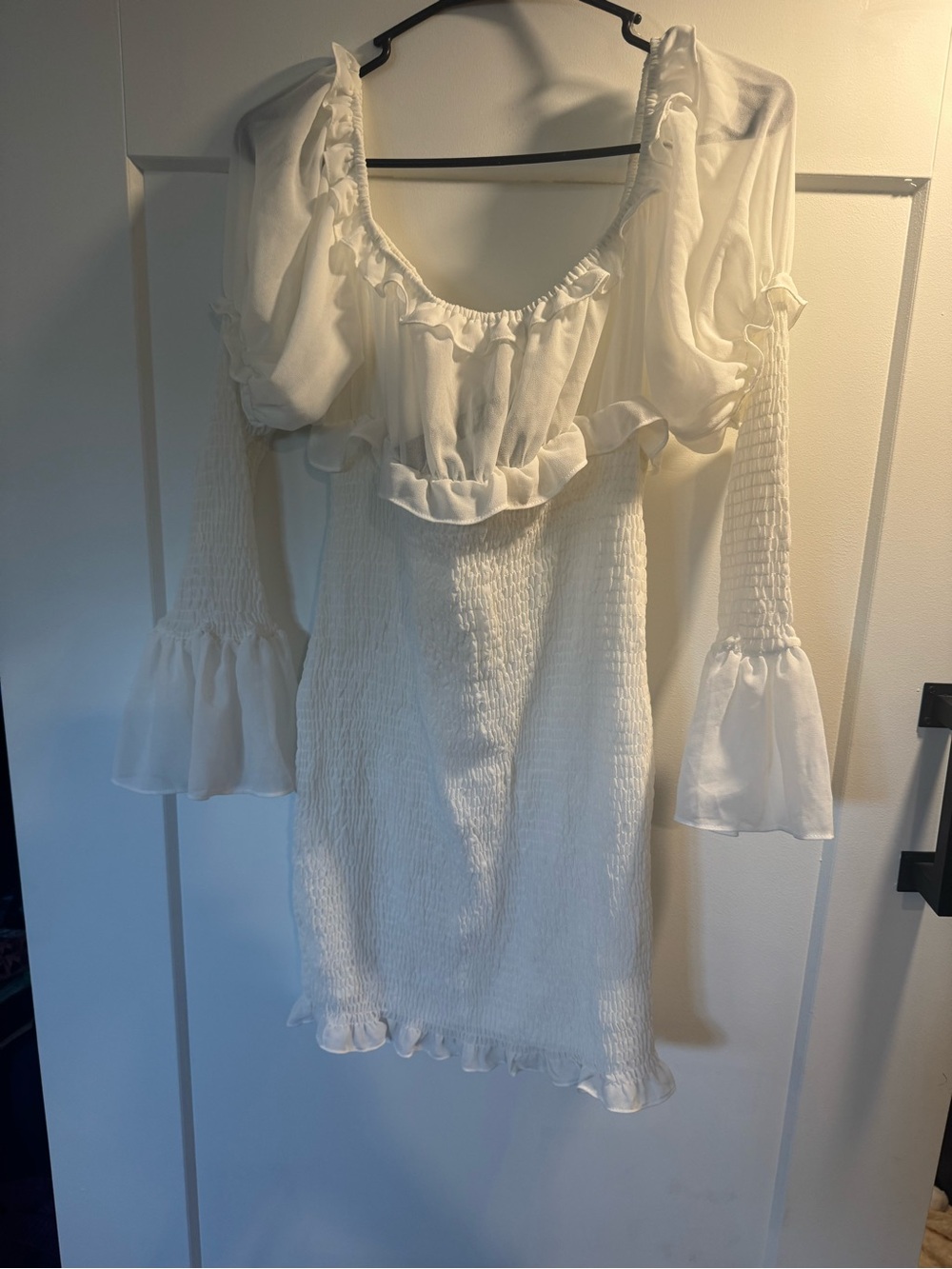 Fashion Nova White Smocked Ruffle Long Sleeve Dress